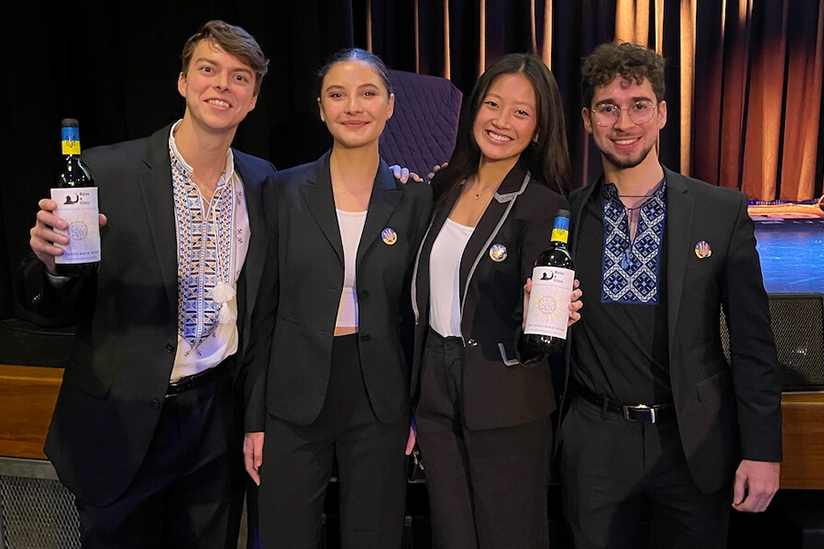 THE RAISE A GLASS TEAM (LEFT TO RIGHT) NICHOLAS CONNER, AN MBA STUDENT AT THE USC MARSHALL SCHOOL OF BUSINESS; KAMILA FOMIN, AN INTERNATIONAL RELATIONS MAJOR; MELLISSA ZHANG, WHO’S MAJORING IN COMPUTER SCIENCE AND BUSINESS ADMINISTRATION; AND MISHA KUZNETSOV, A MECHANICAL ENGINEERING MAJOR