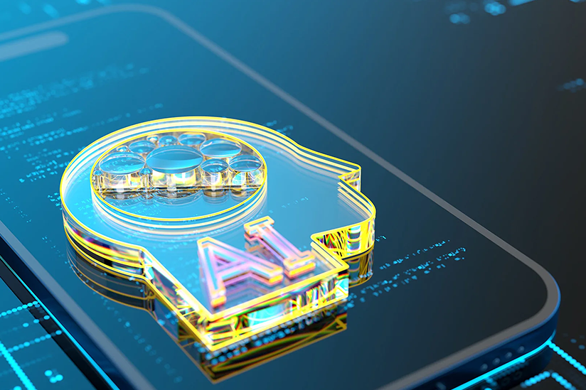 A glowing 3D AI icon shaped like a human head sits on top of a smartphone screen, symbolizing artificial intelligence technology and innovation.
